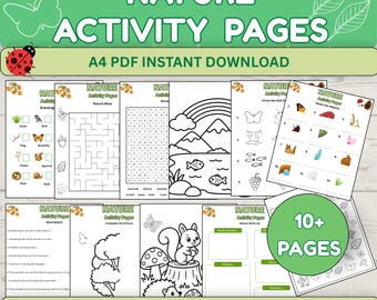 May include: A collection of nature-themed activity pages featuring a variety of black and white worksheets including mazes, word searches, coloring pages, and identification tasks. The pages are labeled Nature Activity Pages A4 PDF Instant Download.