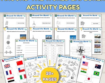 May include: A collection of Around the World Explorer Activity Pages featuring various educational worksheets. The pages include matching landmarks, word scrambles, flight time charts, compass navigation, flag identification, and I Spy games.