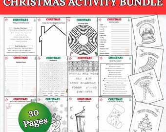 May include: A Christmas activity bundle featuring 30 pages of printable games, coloring sheets, and puzzles. The collection includes word searches, mazes, codebreakers, and letter templates, all decorated with festive holiday themes and text.