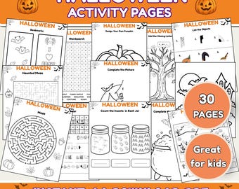 May include: A collection of 30 Halloween activity pages in a PDF format. The black and white printable sheets feature mazes, word searches, coloring tasks, and counting exercises with themes like pumpkins, bats, and haunted houses.