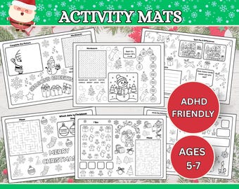 May include: A set of printable Christmas activity mats in A4 landscape format measuring 29.7 cm by 21 cm. The black and white sheets feature holiday-themed puzzles, mazes, word searches, and coloring sections with text including "Christmas Activity Mats," "ADHD Friendly," and "Ages 5-7."