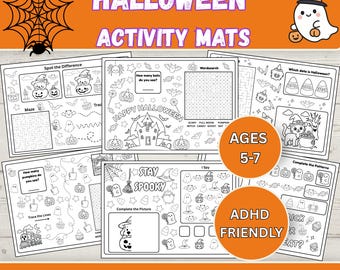 May include: A set of printable Halloween activity mats in A4 landscape format measuring 29.7cm x 21cm. The black and white sheets feature games like spot the difference, word searches, mazes, and pattern completion with ghosts, pumpkins, and bats.