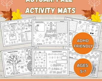 May include: A set of printable A4 landscape PDF activity mats measuring 29.7cm x 21cm, featuring black and white autumn-themed illustrations, word games, mazes, and patterns with the text Autumn/Fall Activity Mats, ADHD Friendly, and Ages 5-7.