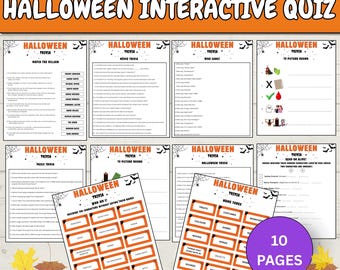 May include: A set of ten printable Halloween interactive quiz pages featuring trivia, matching games, and picture rounds. The sheets have orange headers with the text HALLOWEEN INTERACTIVE QUIZ and HALLOWEEN TRIVIA, decorated with black spiderwebs and bats.