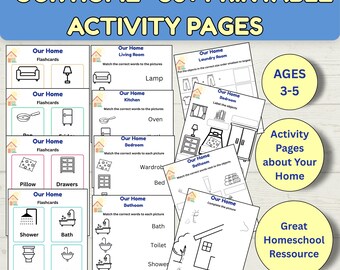 May include: A collection of printable activity pages titled Our Home 30+ Printable Activity Pages for ages 3-5. The sheets feature black and white line drawings of household items like lamps, beds, and sinks, with matching exercises and flashcards.
