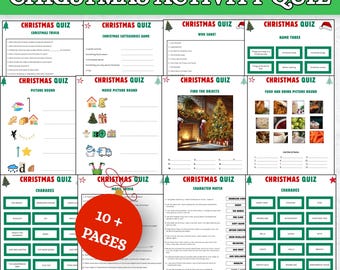 May include: A collection of 10+ printable Christmas activity quiz pages featuring trivia, charades, and picture rounds. Each page includes festive green and red headers with the text CHRISTMAS QUIZ and various holiday-themed games and tasks.