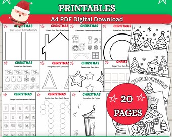May include: A collection of 20 A4 PDF digital download Christmas art and craft printable pages. The sheets feature black and white line art designs including bookmarks, gingerbread houses, wreaths, stars, candy canes, and holiday scenes.