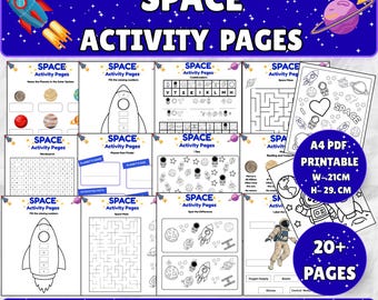 May include: A collection of space-themed activity pages featuring rockets, planets, and astronauts. The printable A4 PDF sheets measure 8.27 inches by 11.69 inches and include mazes, word searches, and coloring tasks with text reading Space Activity Pages.