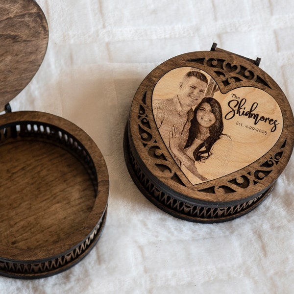 Circular Gift Box -with Hinged Lid and Heart Decor -  Personalize with engrave lettering or image.