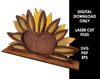 Heart Frame, Sunflower Heart Frame, Sunflower Decor - Digital File for Lasers - Glowforge, CO2, OmTech, Thunder, etc  SVG, EPS PDF Files