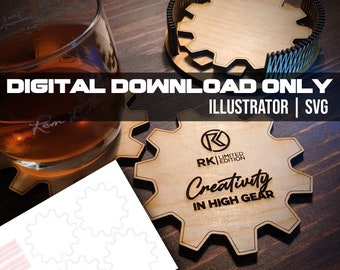 May include: Four wooden coasters with a gear design. The coasters are laser engraved with the text "Creativity in High Gear" and a logo that says "RK Limited Edition".