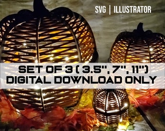 May include: Three decorative pumpkin lanterns with a woven design, illuminated by warm lights. The pumpkins are in varying sizes: 3.5", 7", and 11". The image includes text that says "SVG | ILLUSTRATOR" and "SET OF 3 (3.5", 7", 11") DIGITAL DOWNLOAD ONLY".