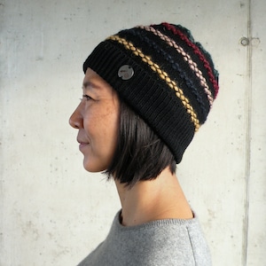 Knitted cap with &quot;confetti&quot; in black colorful wool merino alpaca handmade