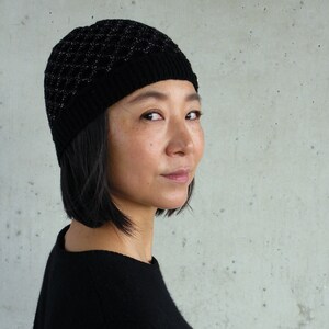 Knitted hat with glitter in black silver wool merino handmade