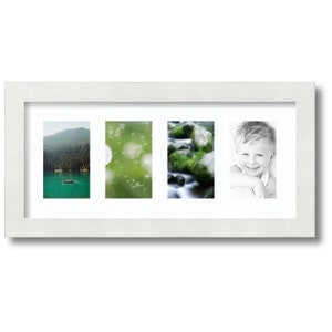 May include: White picture frame with three openings, each holding a different photograph. The left photo shows a lake with a boat in the distance, the middle photo shows a close-up of a dandelion, and the right photo shows a smiling child.