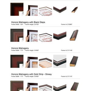 May include: Four different picture frame styles with mahogany wood and gold accents. The frames are 1.69 inches wide and 0.875 inches high. The frames are shown with a close-up of the corner and a full view of the frame.