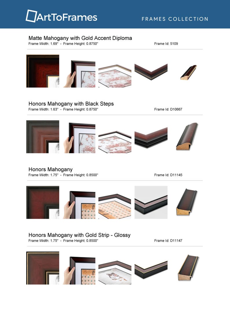 May include: Four different picture frame styles with mahogany wood and gold accents. The frames are 1.69 inches wide and 0.875 inches high. The frames are shown with a close-up of the corner and a full view of the frame.