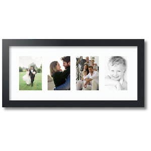 May include: A black picture frame with three white mats, each holding a different photograph. The first photo shows a couple walking away from the camera, the second shows a couple embracing, and the third shows a family of five.