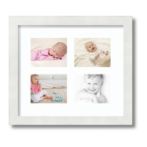 May include: A white picture frame with four openings, each displaying a different photo of a baby or young child. The photos are arranged in a grid pattern.