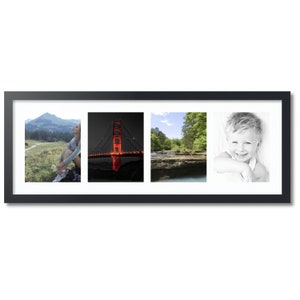 May include: A black picture frame with three images. The first image shows a woman sitting on a grassy hill with a mountain in the background. The second image shows the Golden Gate Bridge at night. The third image shows a young boy smiling.