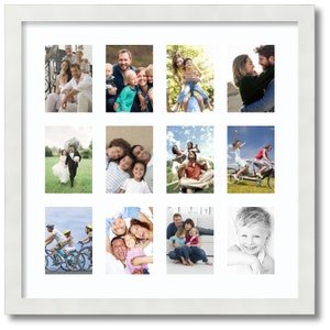 May include: A square white picture frame featuring a collage of twelve rectangular photo slots. The frame contains various candid photographs of families, couples, and children engaged in outdoor activities, cycling, and indoor portraits.