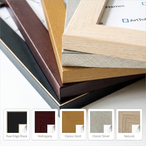 May include: A stack of five rectangular picture frames in various finishes including raw edge black, mahogany, classic gold, classic silver, and natural wood. The frames are layered diagonally, displaying their distinct textures and colors.