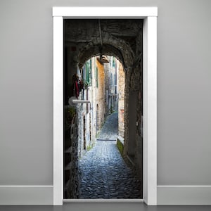 Italy Vinyl Door Mural, Assassin Dorm Door Wrap, 3D Dorm Room Mural, Old Town Road Door Wrap, Cobblestone Alley Door Wallpaper, Vintage Wrap