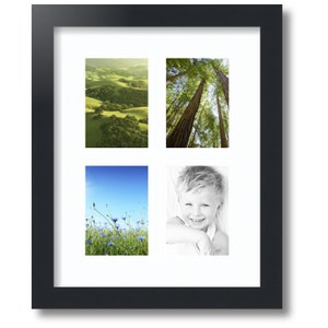 May include: A black rectangular collage picture frame with a white mat containing four separate images: a green rolling landscape, tall redwood trees looking upward, a field of blue cornflowers under a clear sky, and a black and white portrait of a child.