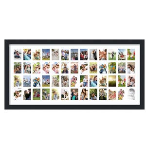 May include: A black framed photo collage featuring numerous small rectangular photos. The photos depict various people and groups, capturing moments of family, friends, and celebrations. The collage is a rectangular shape.