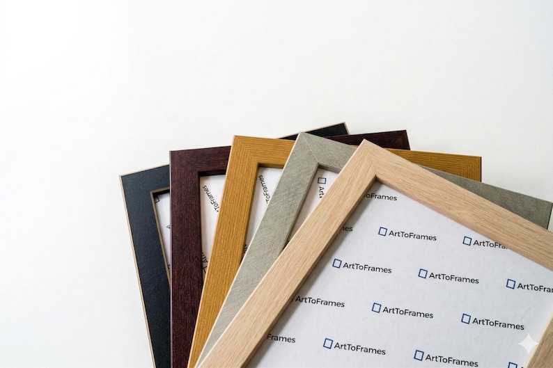 Puede incluir: Una colecci&oacute;n de marcos de fotos rectangulares dispuestos en abanico, con varios acabados de grano de madera en negro, marr&oacute;n oscuro, amarillo dorado, gris claro y madera clara natural, cada uno con papel blanco con el texto ArtToFrames.
