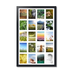 May include: A black picture frame with 20 smaller frames inside, each containing a different nature photograph. The photos include landscapes, flowers, animals, and people.