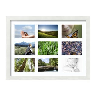 May include: A white multi-opening picture frame containing nine distinct photographs featuring nature scenes, a butterfly, a mountain landscape, a forest, a waterfall, and portraits of a child, all arranged in a grid pattern within a white mat.