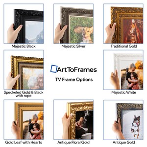 K&ouml;nnte beinhalten: Eine Sammlung von gerahmten Kunstwerken in verschiedenen Stilen. Die Rahmen werden in Majestic Black, Majestic Silver, Traditional Gold, Speckled Gold & Black with rope, Majestic White, Gold Leaf with Hearts, Antique Floral Gold und Antique Gold gezeigt.