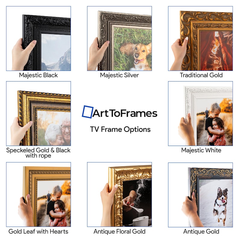 K&ouml;nnte beinhalten: Eine Sammlung von gerahmten Kunstwerken in verschiedenen Stilen. Die Rahmen werden in Majestic Black, Majestic Silver, Traditional Gold, Speckled Gold & Black with rope, Majestic White, Gold Leaf with Hearts, Antique Floral Gold und Antique Gold gezeigt.