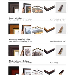 May include: Four different picture frame styles with various wood finishes and gold accents. The frames are shown with artwork inside and a close-up of the frame's profile. Frame widths range from 1.25 to 1.69 inches. Frame heights range from 0.75 to 0.875 inches.
