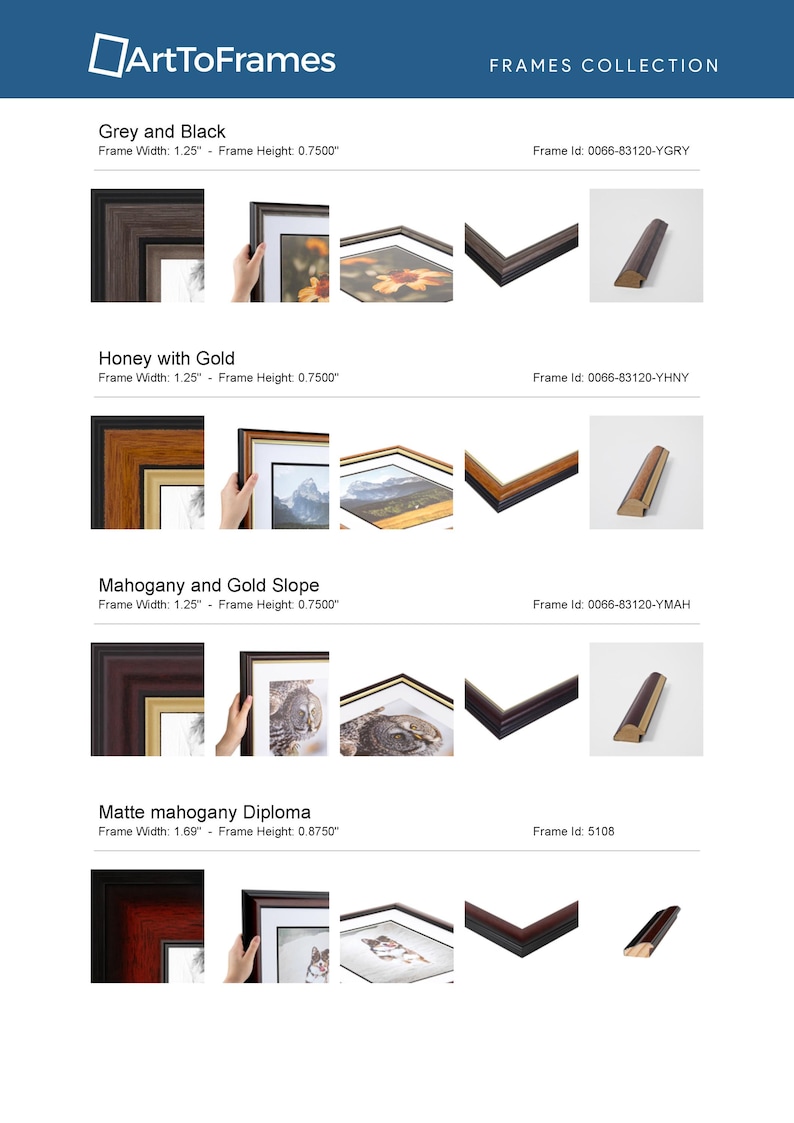 May include: Four different picture frame styles with various wood finishes and gold accents. The frames are shown with artwork inside and a close-up of the frame's profile. Frame widths range from 1.25 to 1.69 inches. Frame heights range from 0.75 to 0.875 inches.