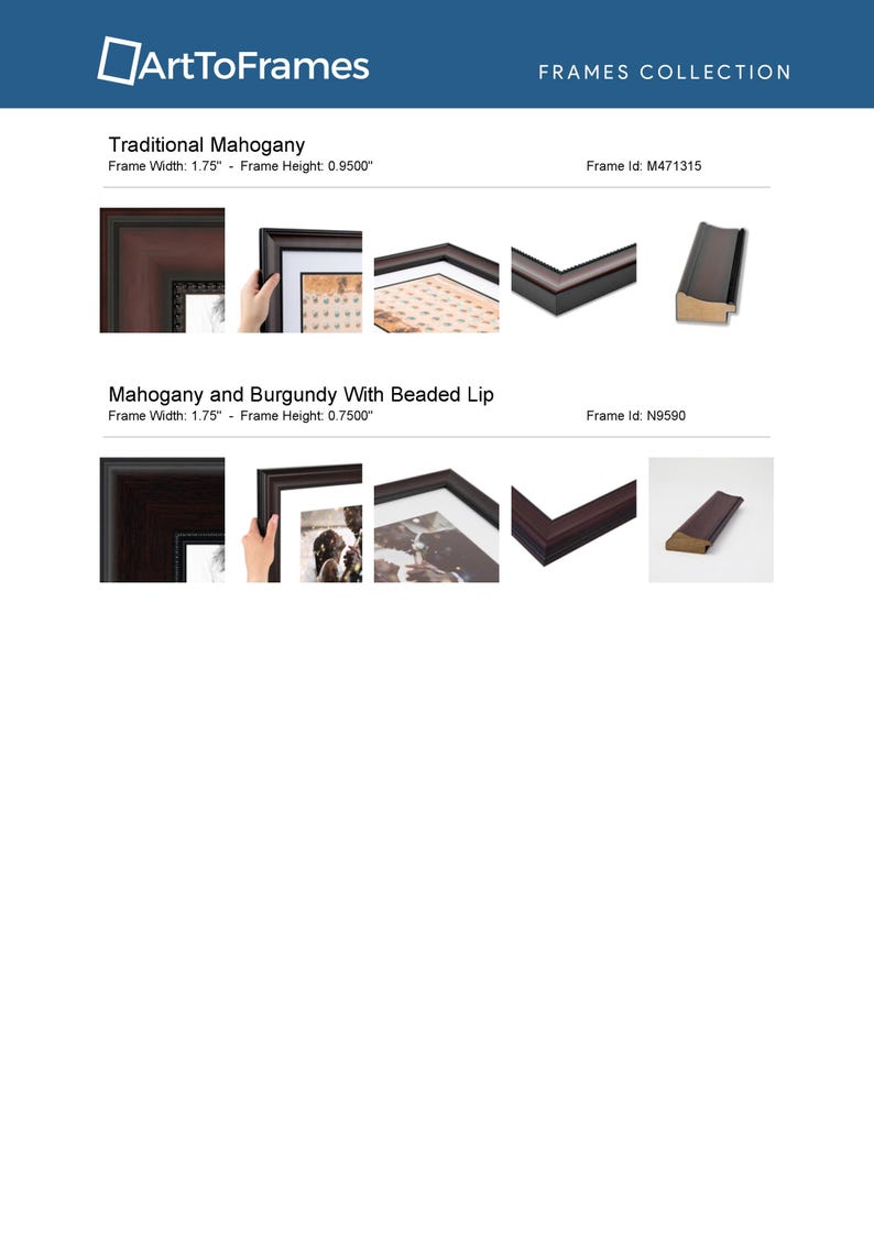 May include: Two picture frames with a mahogany and burgundy finish. The frames have a beaded lip and are 1.75 inches wide. The frame on the top is 0.95 inches tall and the frame on the bottom is 0.75 inches tall. The frames are shown with a sample picture inside.