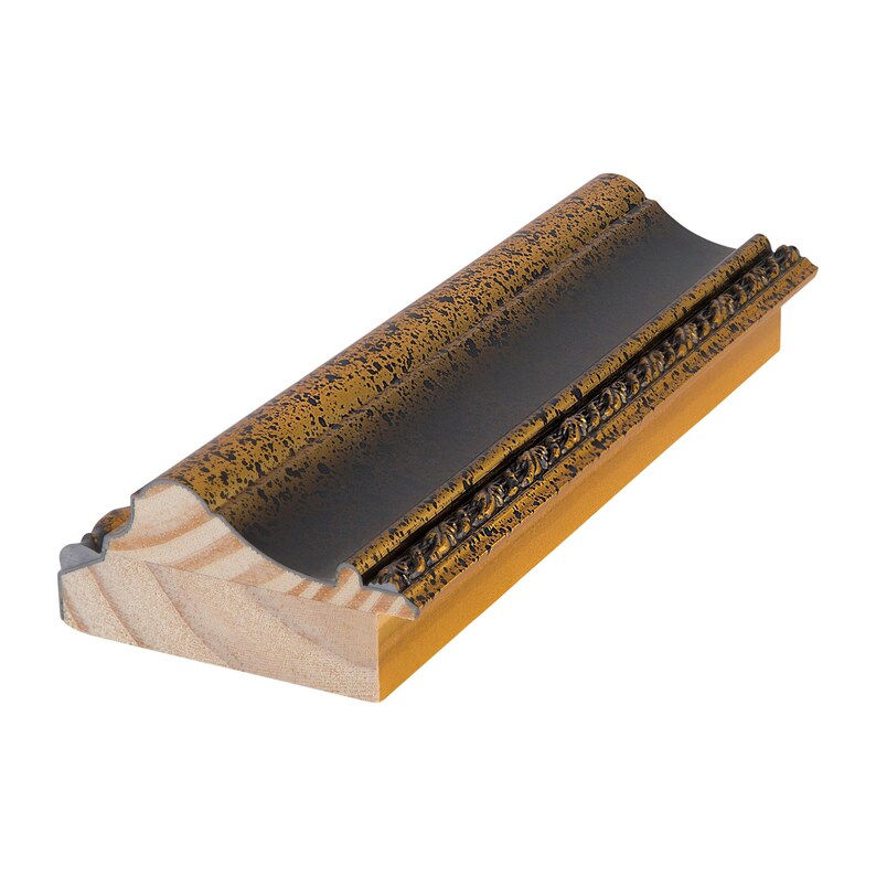 K&ouml;nnte beinhalten: Ein Abschnitt einer Bilderrahmenleiste mit goldener und schwarzer Oberfl&auml;che. Der Rahmen hat eine dekorative Kante und eine Holzbasis. Die goldene Oberfl&auml;che hat eine gesprenkelte Textur. Der Rahmen ist aus Holz.