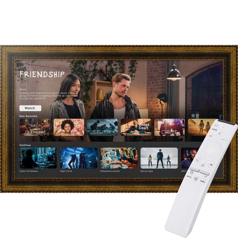 K&ouml;nnte beinhalten: Ein Fernsehbildschirm, der eine Streaming-Dienst-Oberfl&auml;che mit dem Titel "FRIENDSHIP" anzeigt. Der Bildschirm ist in einem dekorativen Goldrahmen gerahmt, mit einer wei&szlig;en Fernbedienung im Vordergrund. Verschiedene Miniaturansichten von Sendungen sind sichtbar.