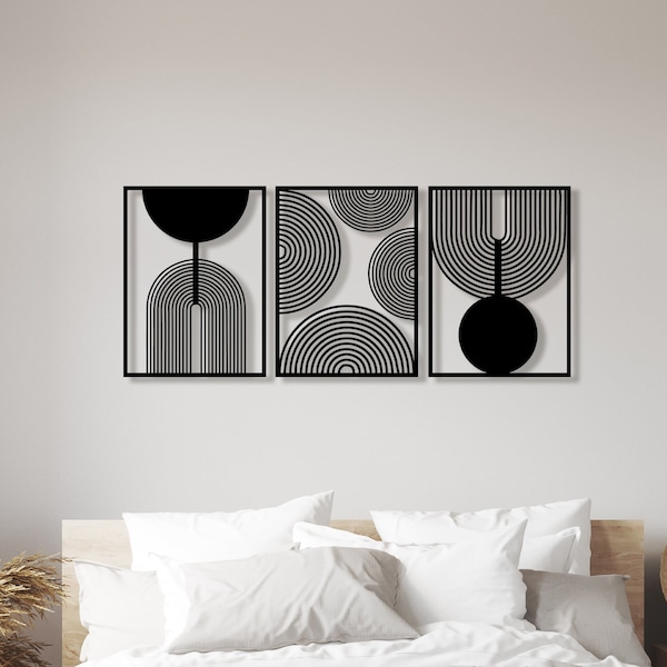 Boho Abstrakte Kunst, Holz Wand Kunst 3er-Set, Geometrisch Neutral Braun, Modern, Wohnzimmer Dekor, Mid Century moderne Wanddekoration, Über dem Bett Kunst