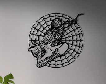 Spider-man houten wanddecoratie, spin in spinneweb, Marvel-fan, cadeau-idee, minimalistisch Avengers silhouet, houten hangend, geometrische kunst, voor thuis