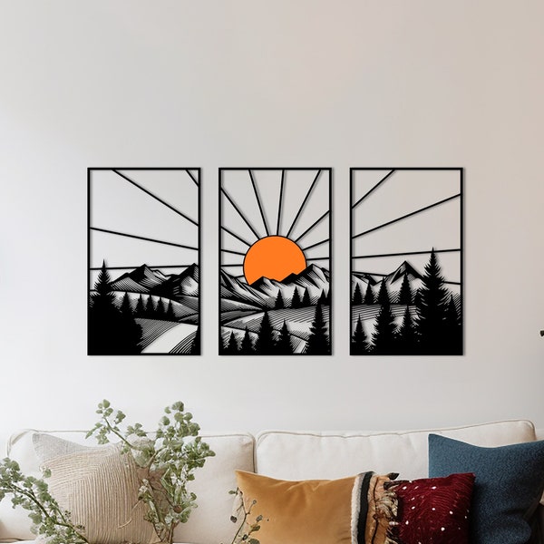 Déco murale en bois coucher de soleil dans la forêt de montagne, vue sur la chaîne de montagnes du jardin au soleil, décorations nature, grande colline arbre et soleil, décoration murale pour salon