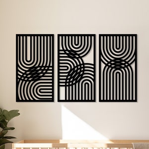 Geometric Lines Panel Set of 3 Wood Wall Art Decor, Boho Abstract Line ...