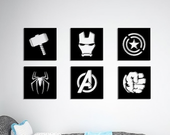 Avengers Wall Art Set of 6, Iron Man, Spiderman, Hulk, Thor, Captain America, Marvel, Kid Wall Decor, Wall hangings logo, Super Hero,Child