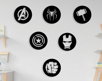 Avengers Wandkunst 6er-Set, Iron Man, Spiderman, Hulk, Thor, Captain America, Wandkunst, Wandbehang Logo, Superheld, Kinderzimmer, Holz