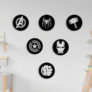Avengers wall art set of 6, Iron Man, Spiderman, Hulk, Thor, Captain America, Wall art, Wall hangings logo, Super Hero, Childreen room, Wood