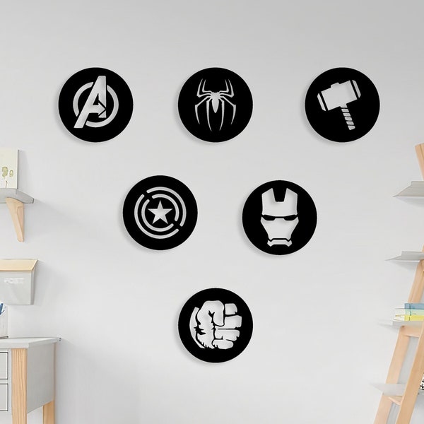 Avengers muur kunst set van 6, Iron Man, Spiderman, Hulk, Thor, Captain America, kunst aan de muur, wandkleden logo, Super Hero, kinderkamer, hout