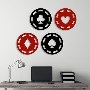 4 Set Of Playing Cards Decor, Poker Cart Wall Hangings, Heart, Club, Diamond, Spade Symbol Geometric Set, Wooden Interior Space Art, Unique