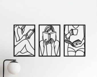 3 Set Bookish Wood Wall decor, Minimalist Line Art, Book Wall Art, Reading Wall Decor, Home Wall Hangings, Book Lover, Housewarming Gift Art