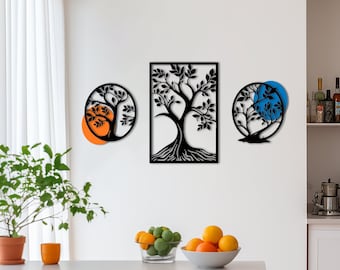 Tree Branch 3 Pieces Wood Wall Decor, Tree Of Life, Tree Abstract Decor, Living Room Art, Wall Hanging, Boho Home Decor, Colorful Unique Art